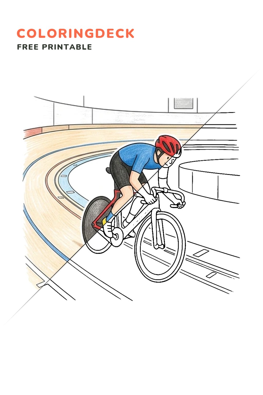 Track Cycling Sprint coloring page, free printable: half colored, half outline