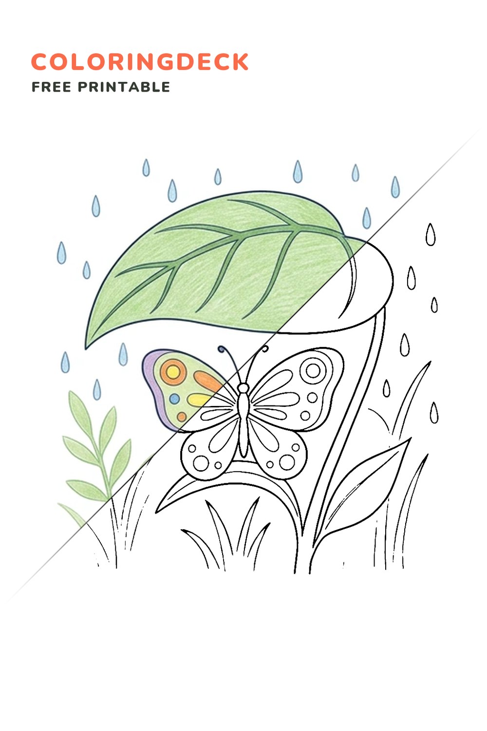 Butterfly Rain Shelter coloring page, free printable: half colored, half outline