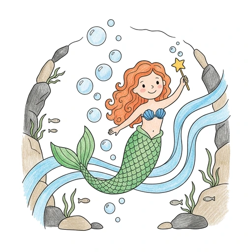 Mermaid coloring page: Mermaid Bubble Parade, colored example