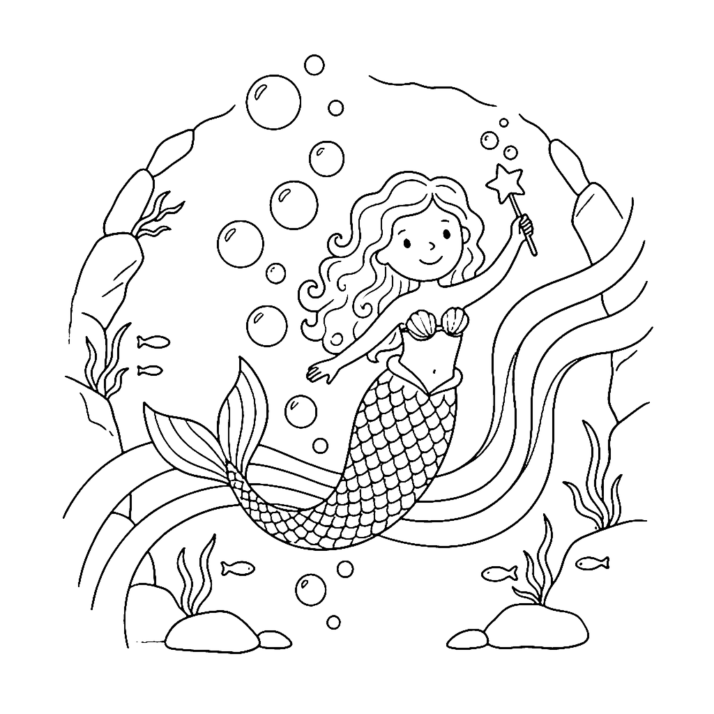 Mermaid coloring page: Mermaid Bubble Parade, outline to print