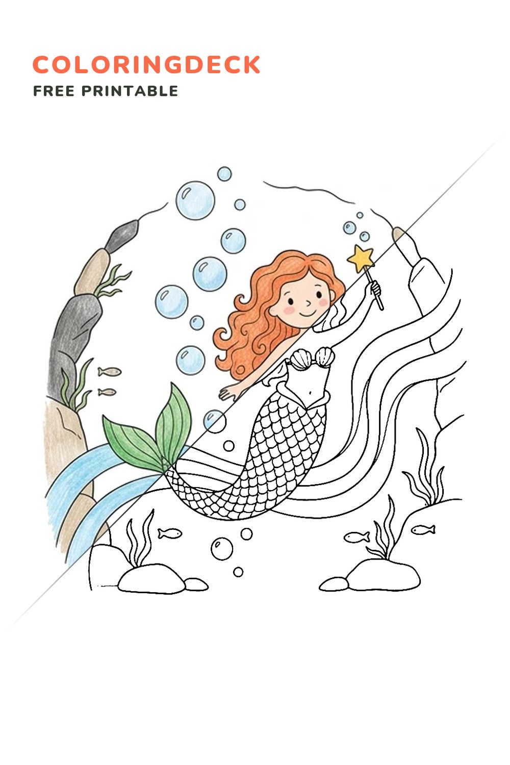 Mermaid Bubble Parade coloring page, free printable: half colored, half outline