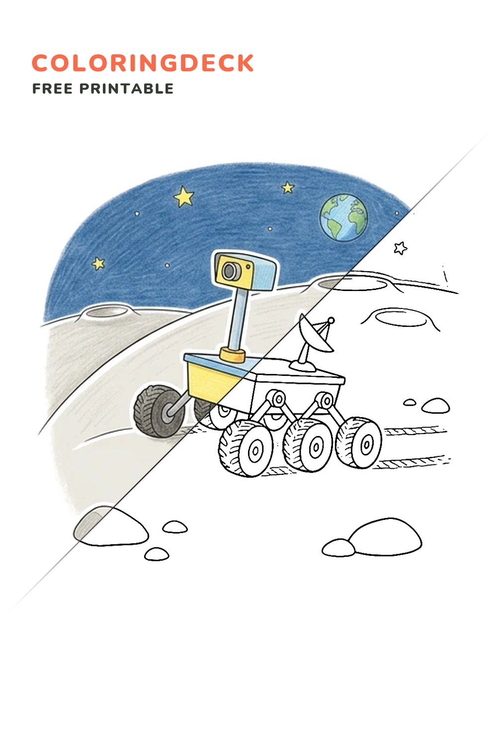 Moon Rover Ridge coloring page, free printable: half colored, half outline