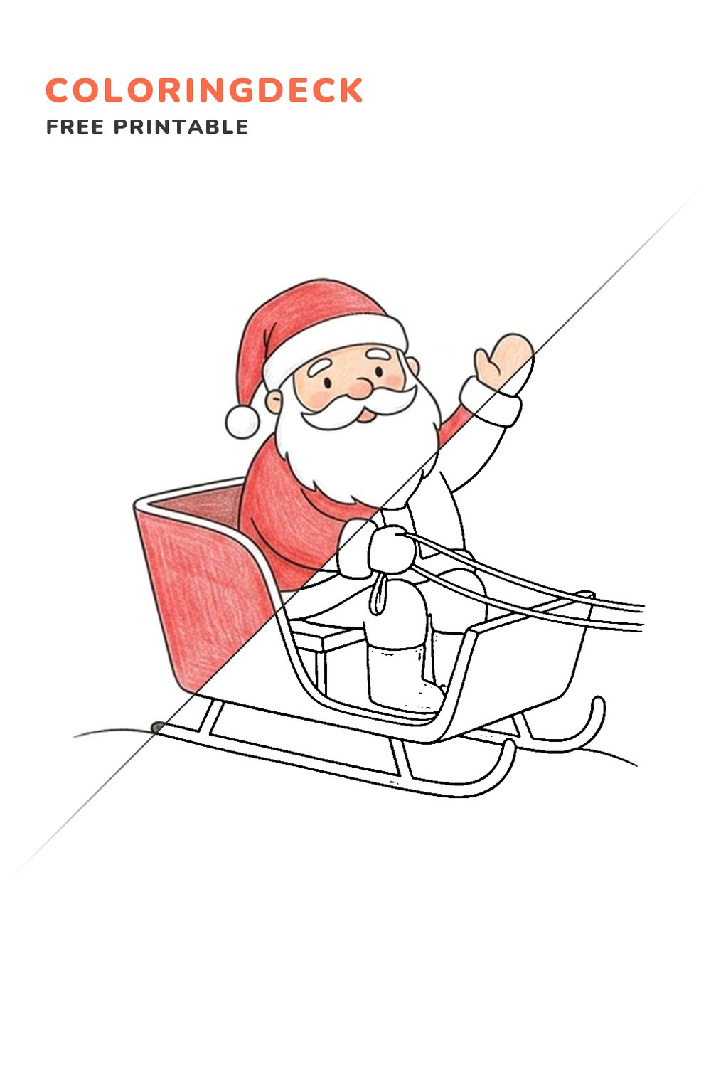Santa Sleigh Ride coloring page, free printable: half colored, half outline