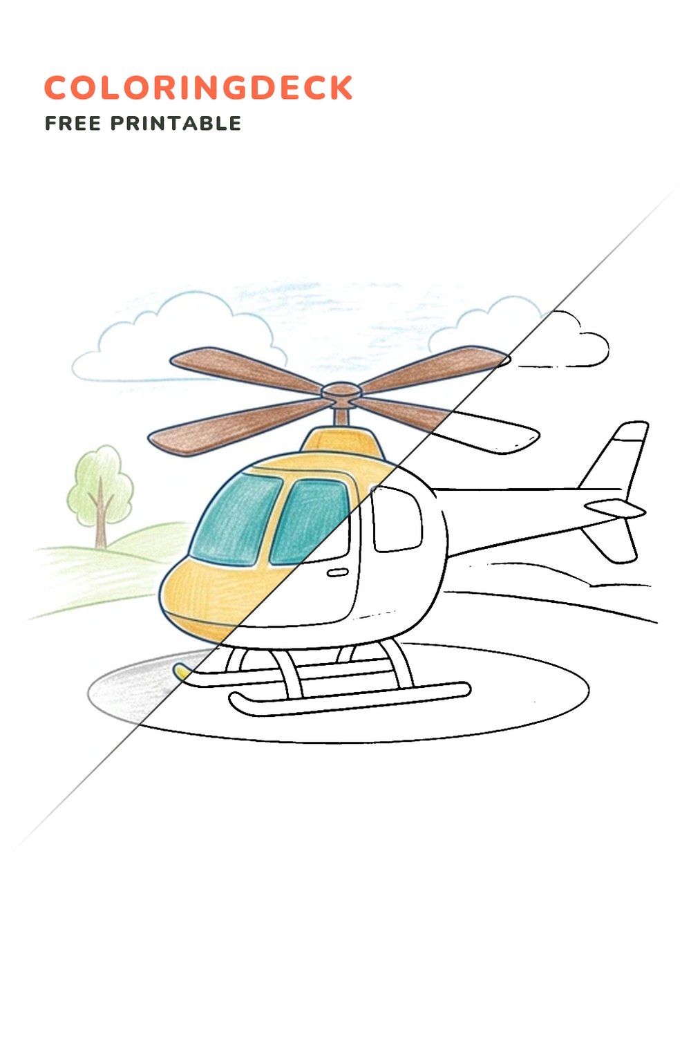Helicopter Landing Pad coloring page, free printable: half colored, half outline
