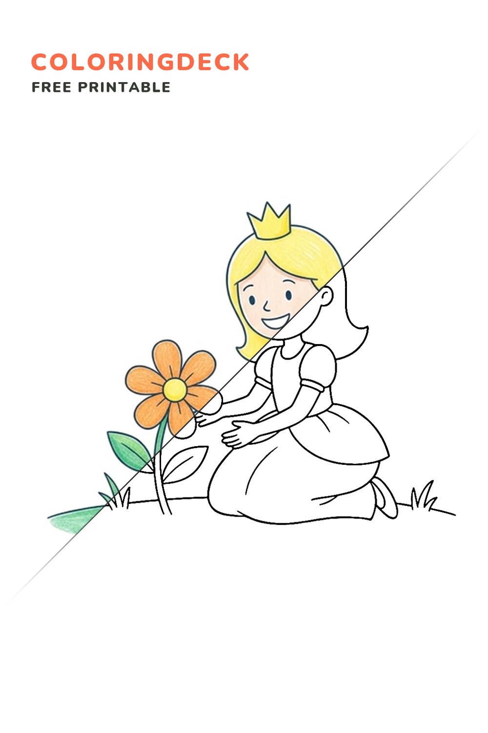 Princess Garden Pose coloring page, free printable: half colored, half outline