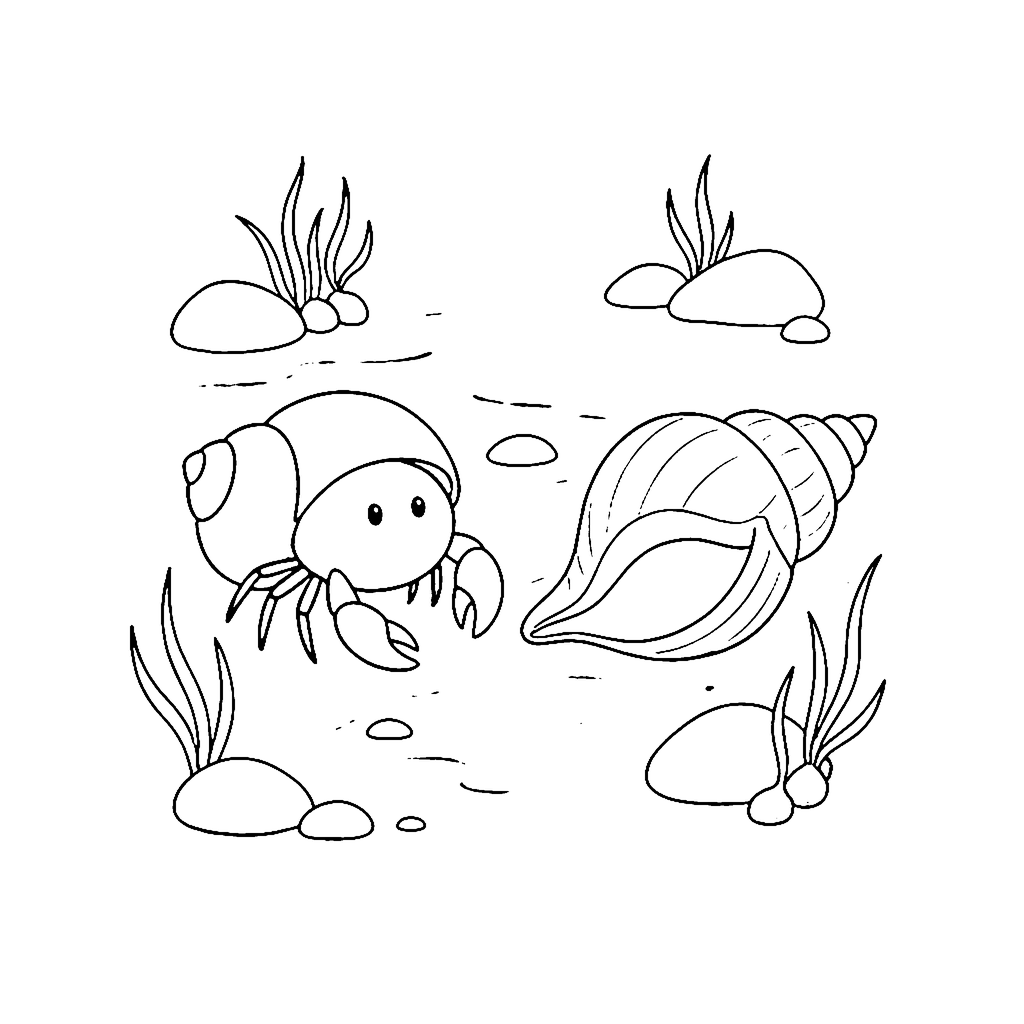 Hermit Crab coloring page: Hermit Crab Shell Hunt, outline to print