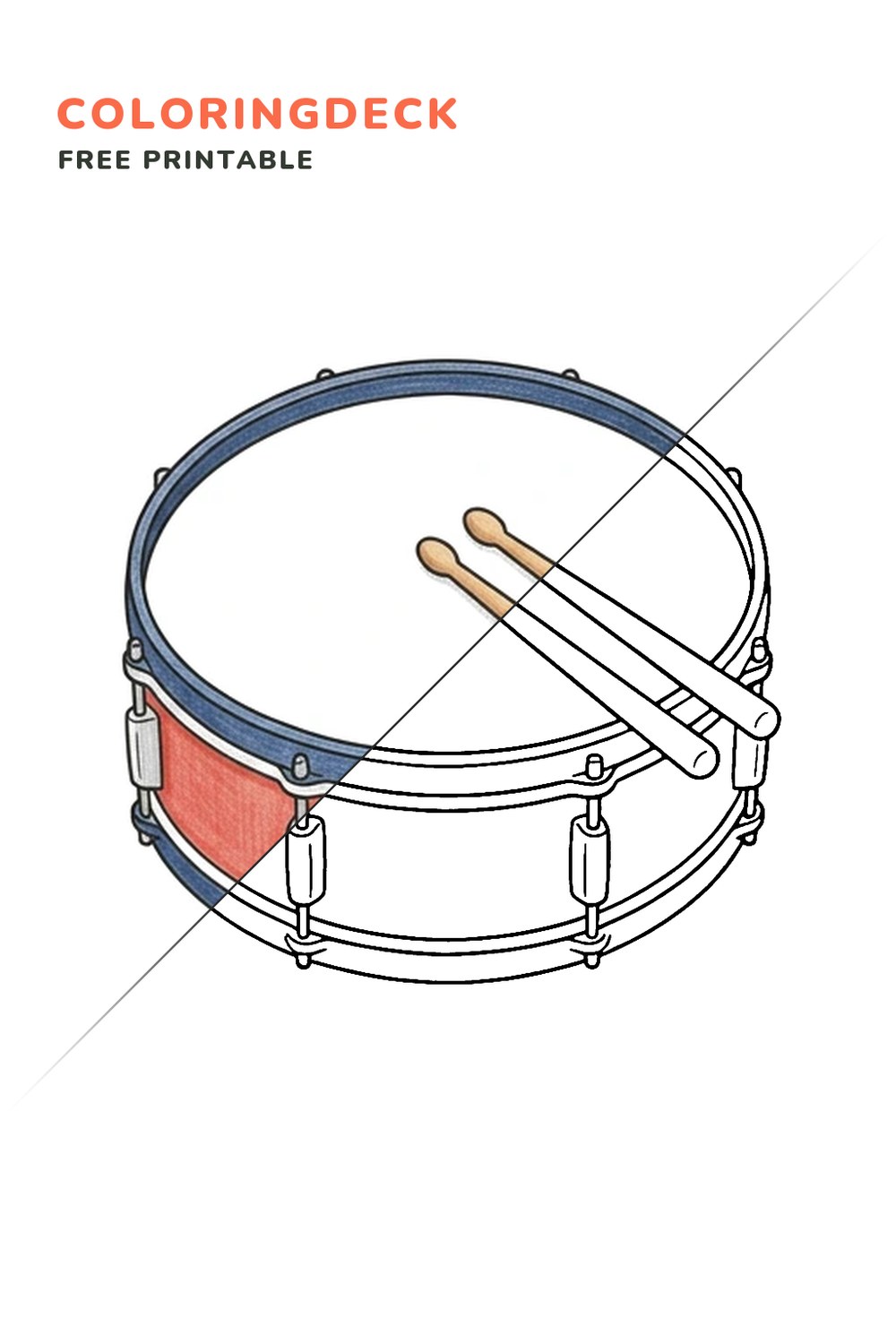 Big Music Drum coloring page, free printable: half colored, half outline