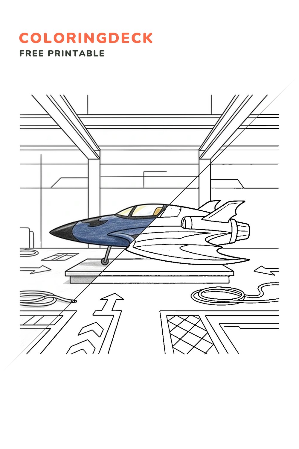 Batwing Hangar coloring page, free printable: half colored, half outline