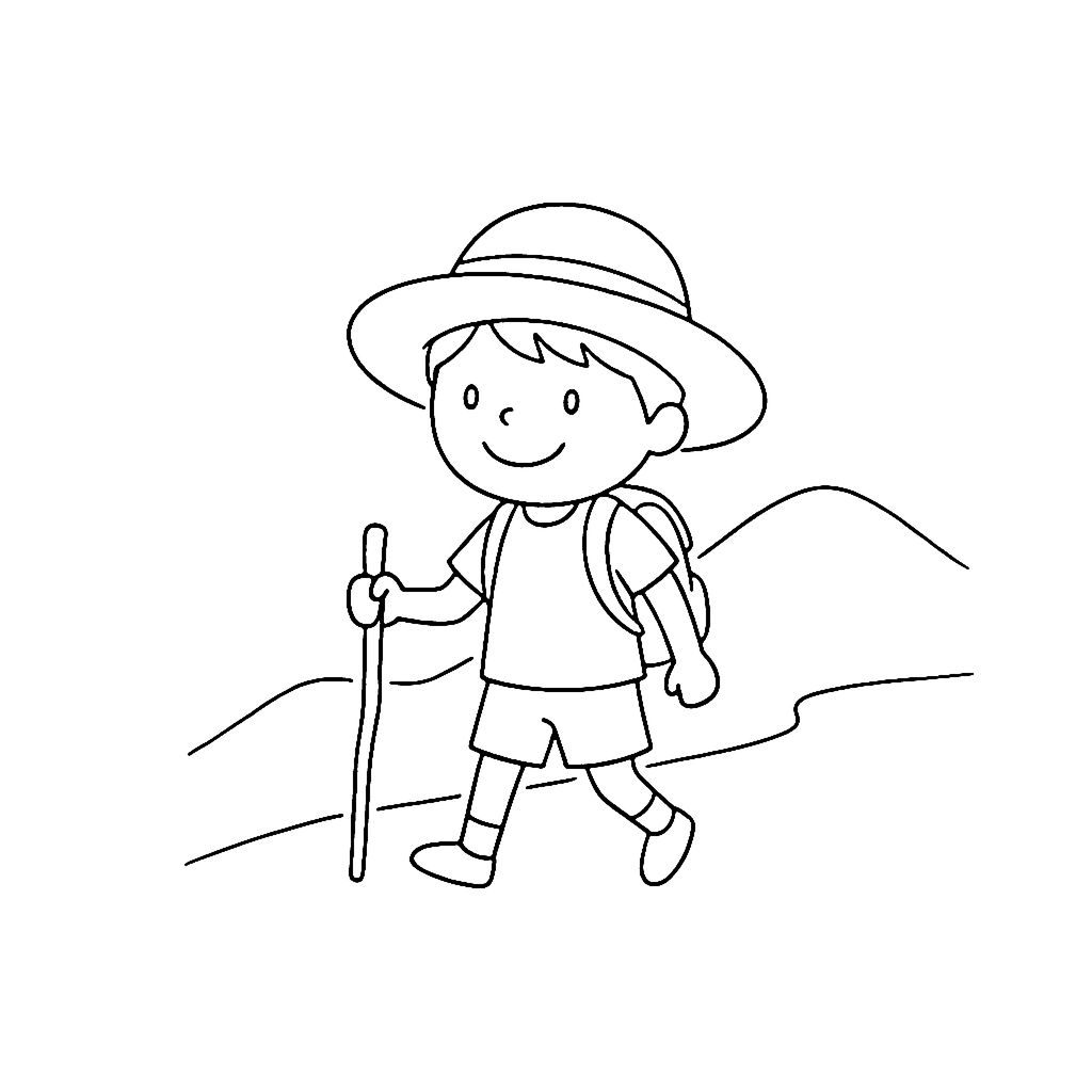 Child Hiking coloring page: Trail Walking Child, outline to print