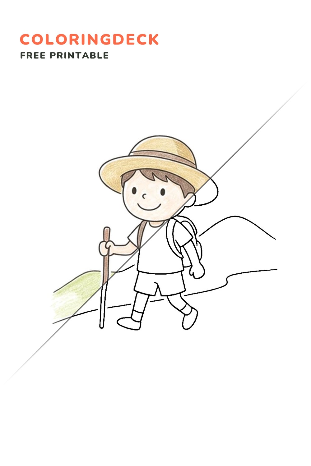 Trail Walking Child coloring page, free printable: half colored, half outline