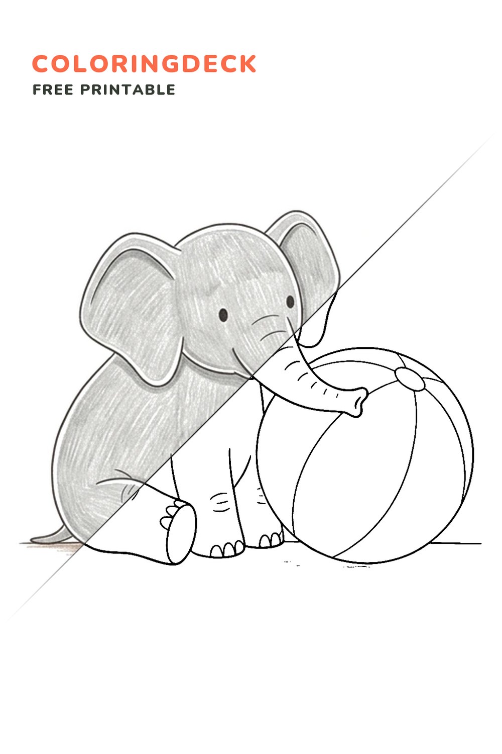 Elephant Beach Ball coloring page, free printable: half colored, half outline