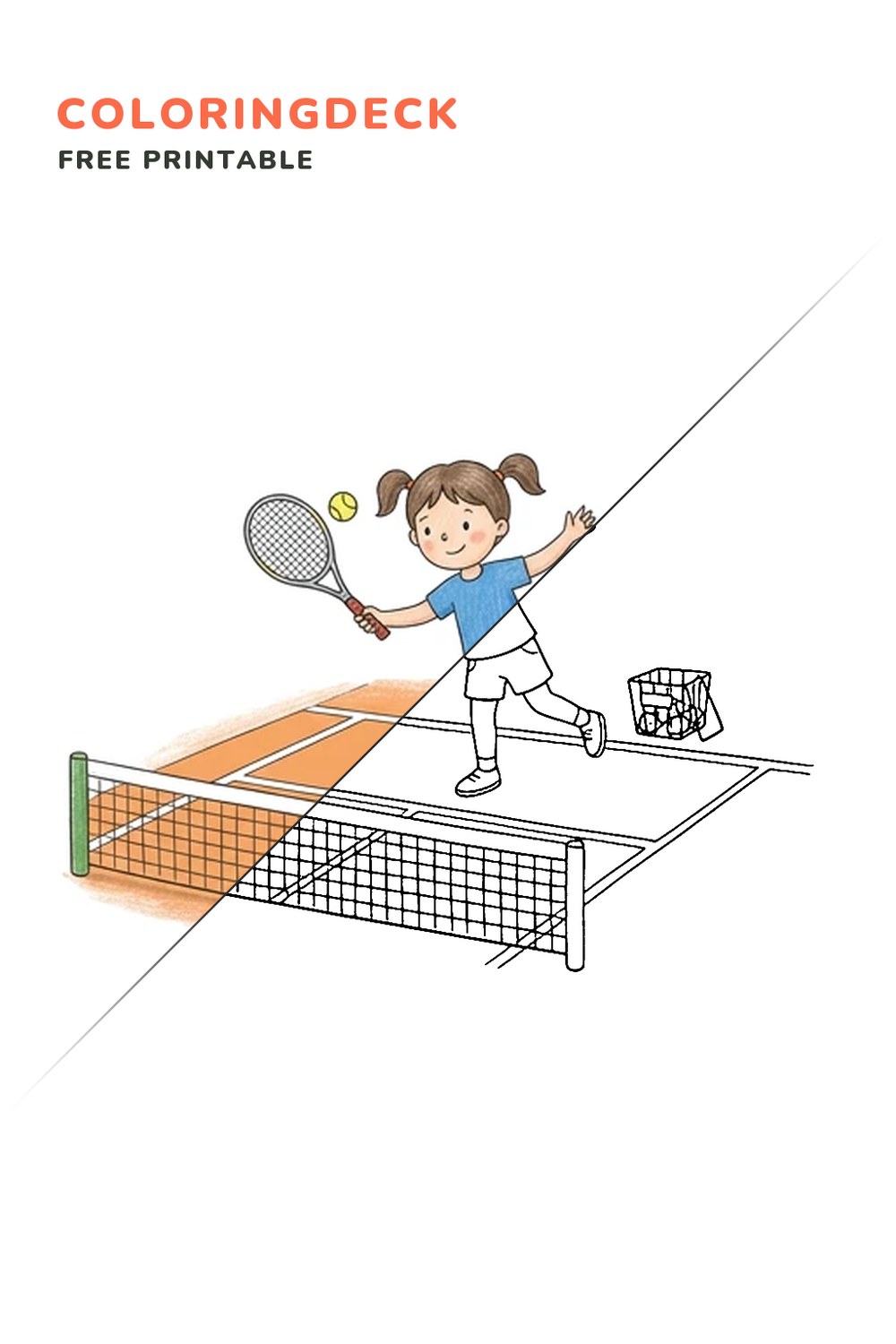 Tennis Serve Practice coloring page, free printable: half colored, half outline