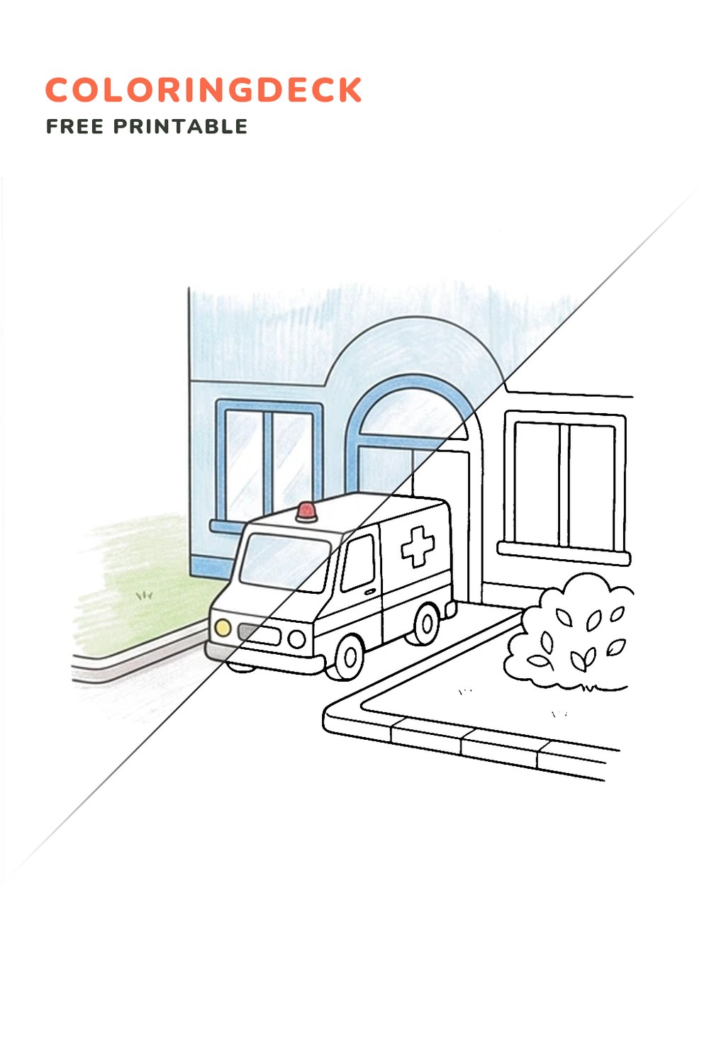 Ambulance Hospital Arrival coloring page, free printable: half colored, half outline