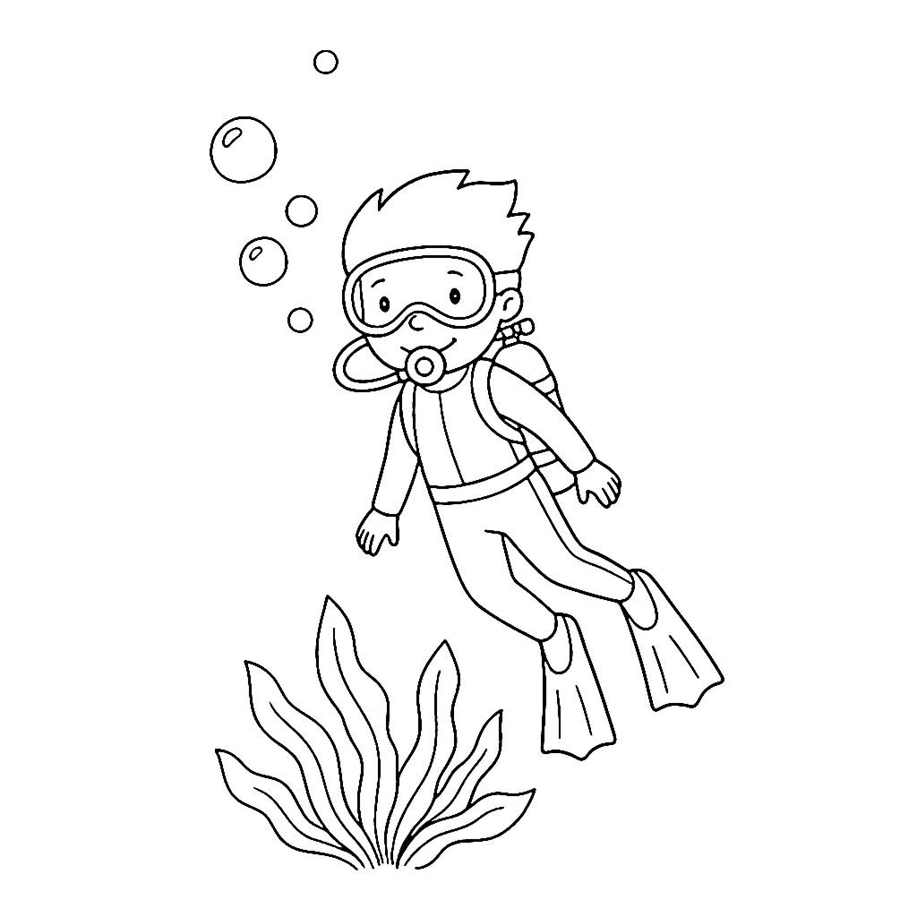 Scuba Diver coloring page: Scuba Diver Descending, outline to print