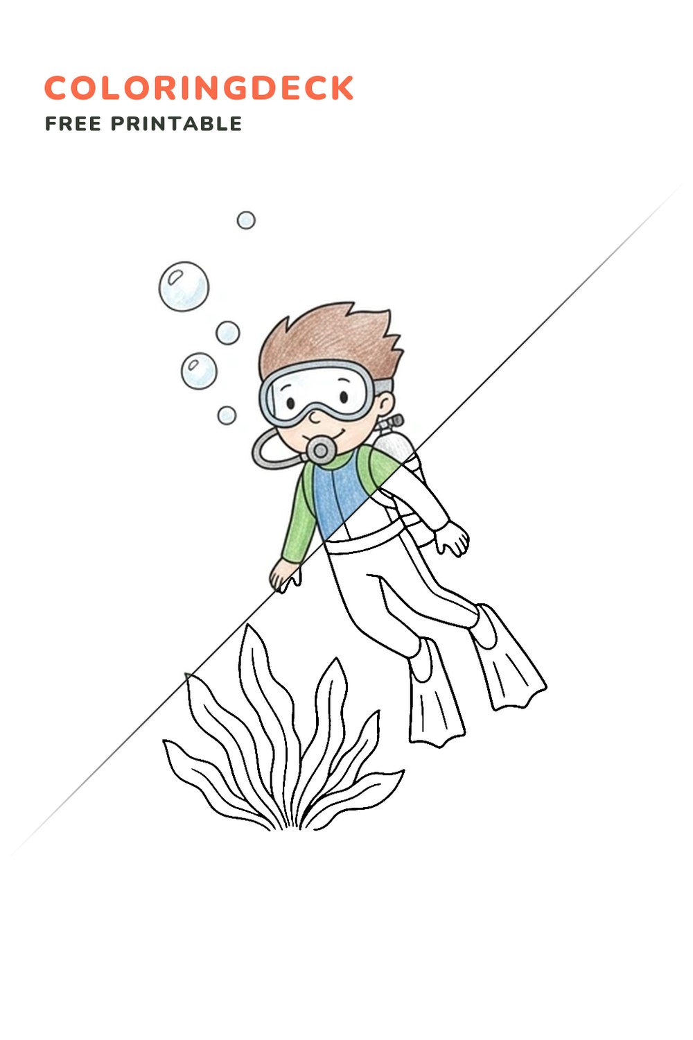 Scuba Diver Descending coloring page, free printable: half colored, half outline