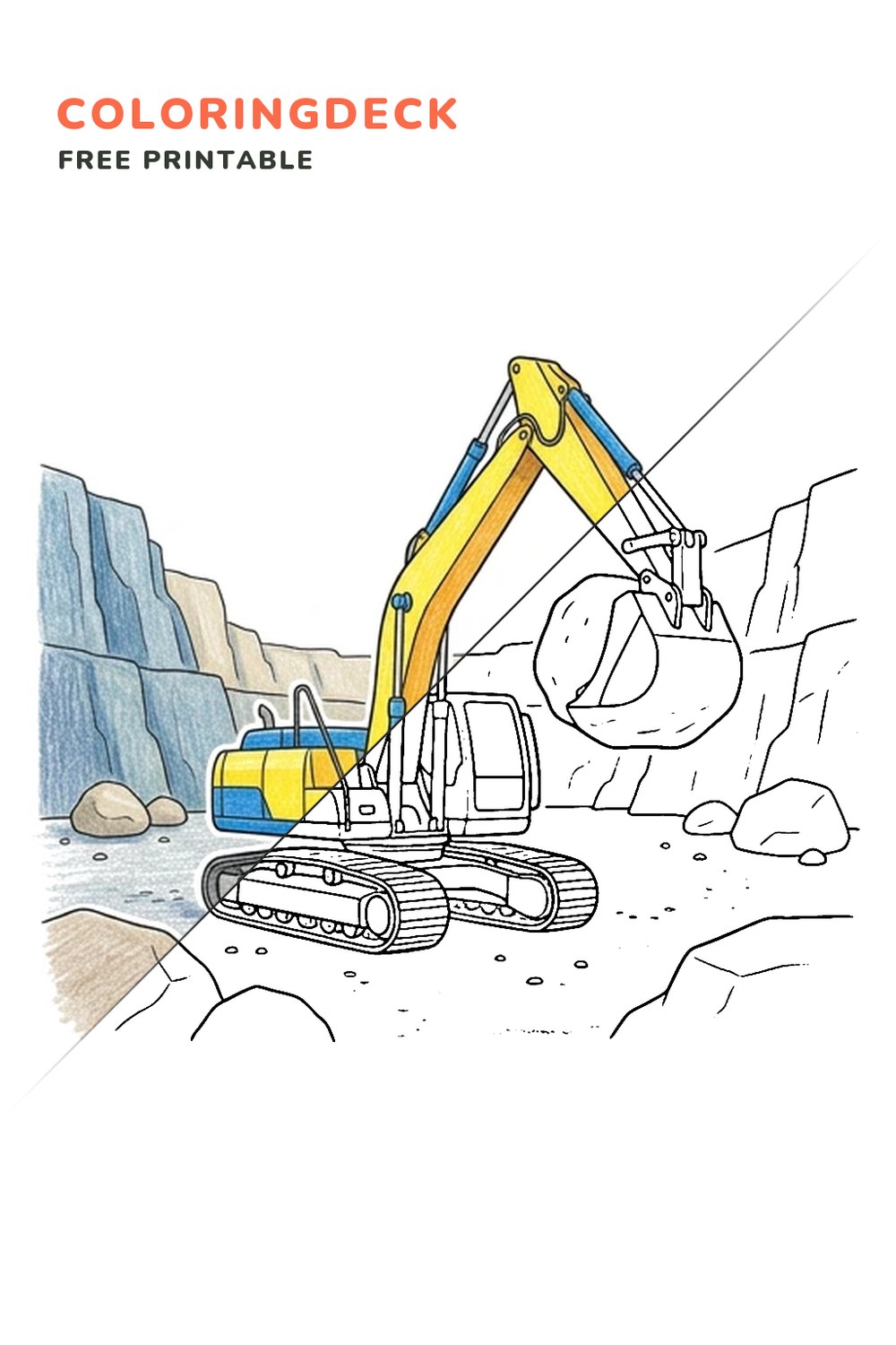Quarry Boulder Scoop coloring page, free printable: half colored, half outline
