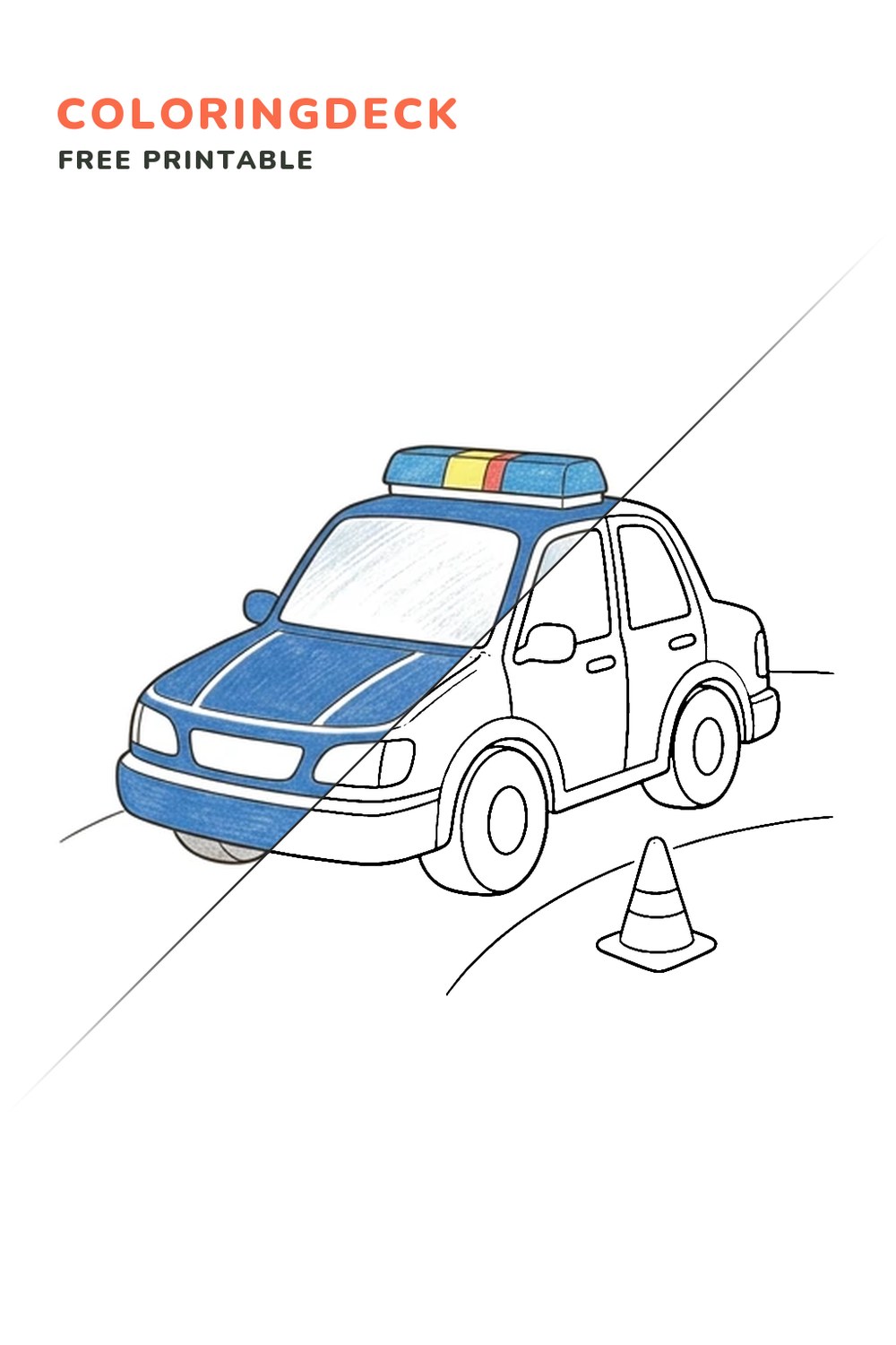 Police Car Turn coloring page, free printable: half colored, half outline