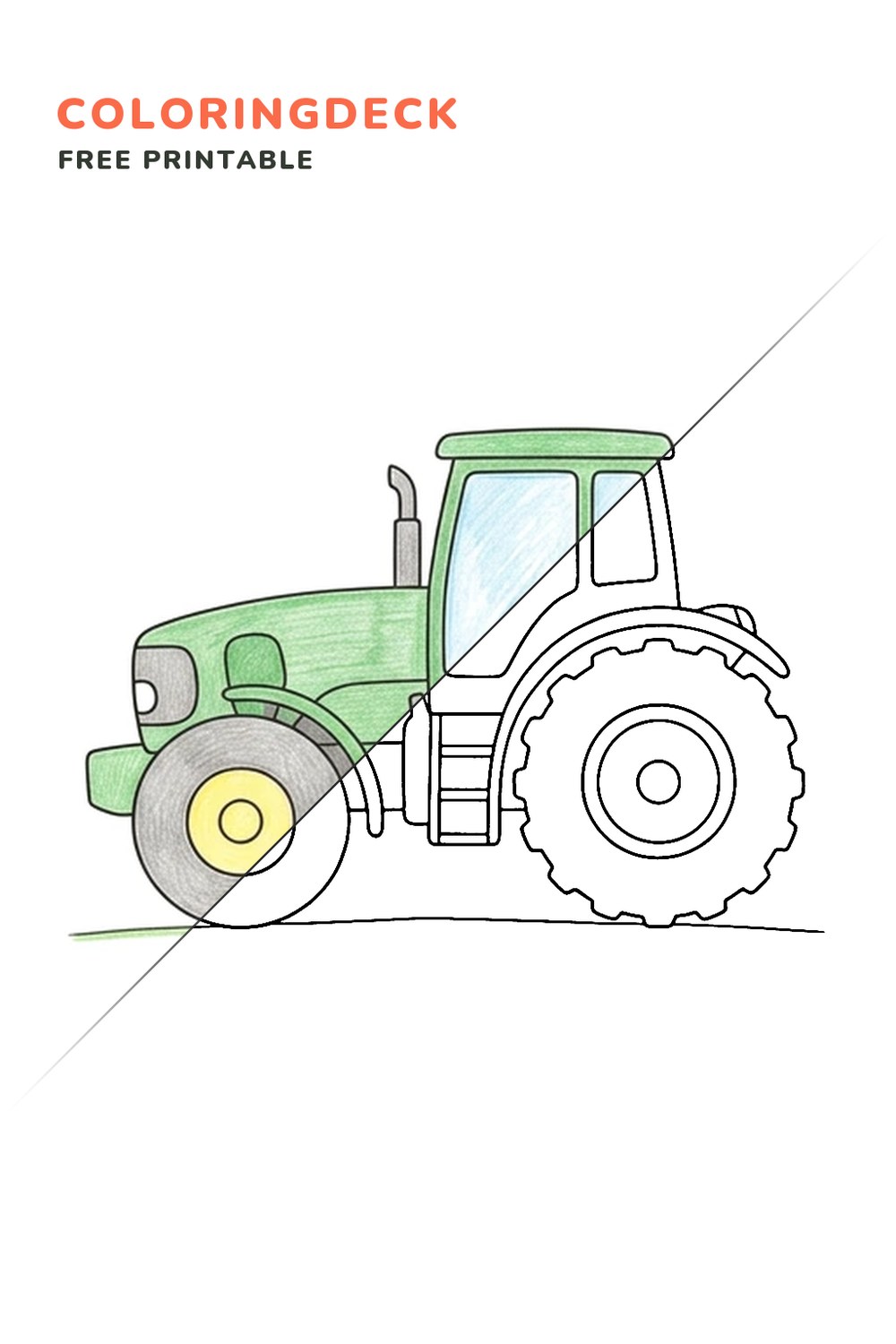 Simple Farm Tractor coloring page, free printable: half colored, half outline