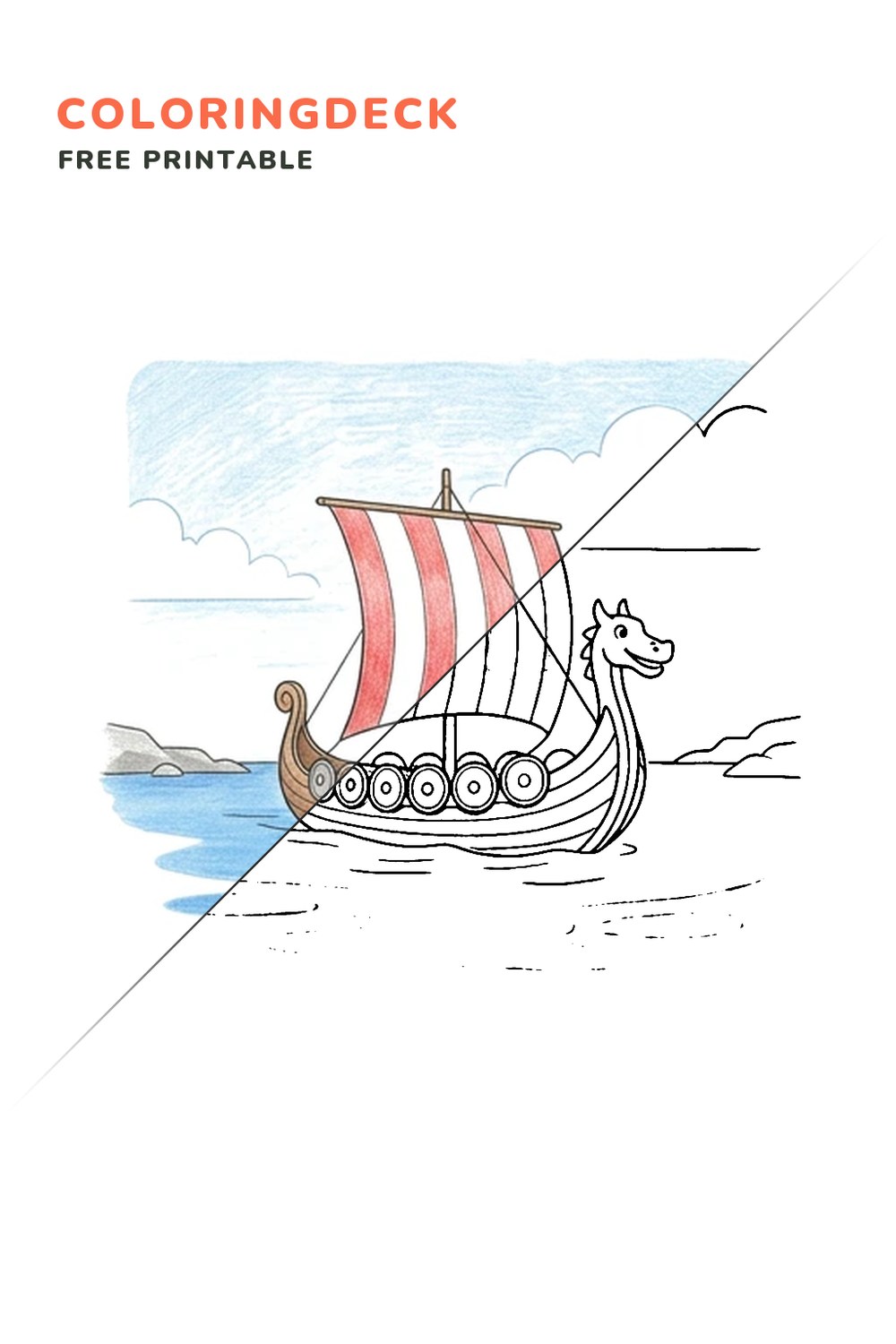 Viking Longship Bay coloring page, free printable: half colored, half outline
