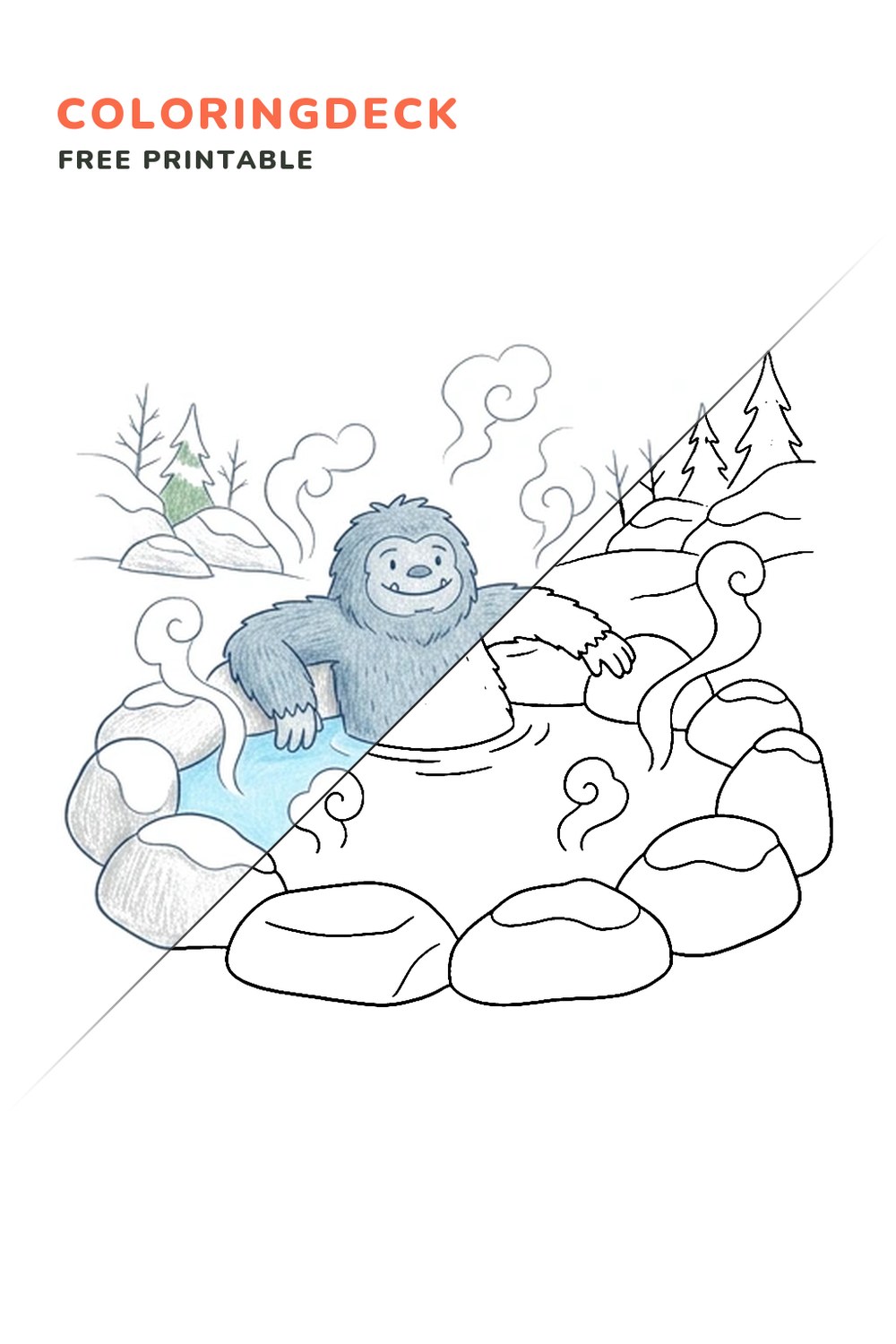 Yeti Hot Spring coloring page, free printable: half colored, half outline