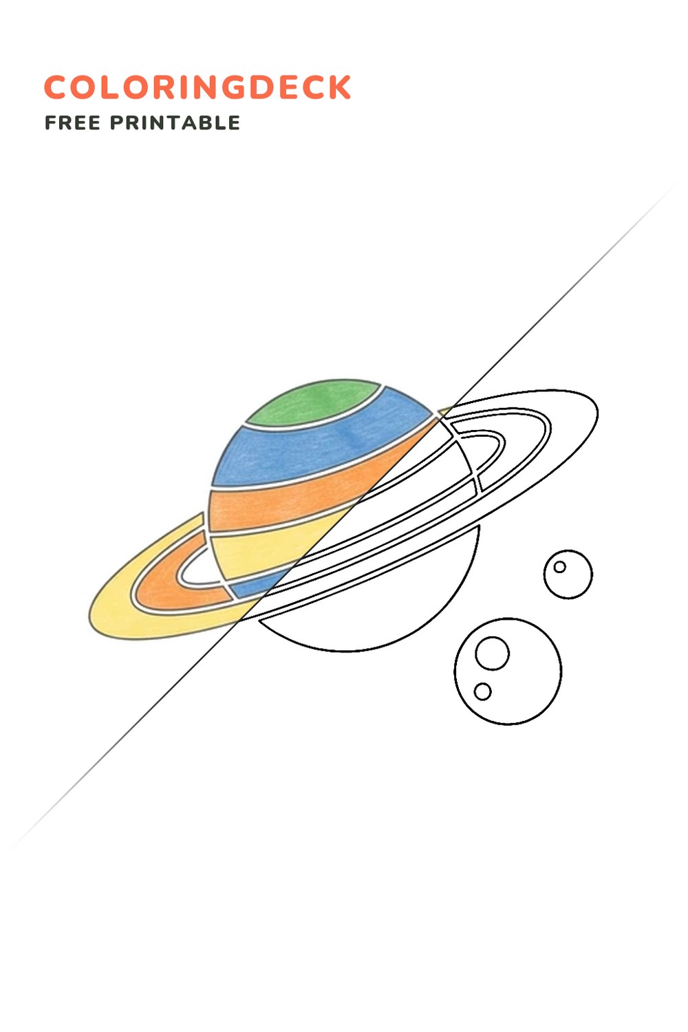 Planet With Rings coloring page, free printable: half colored, half outline
