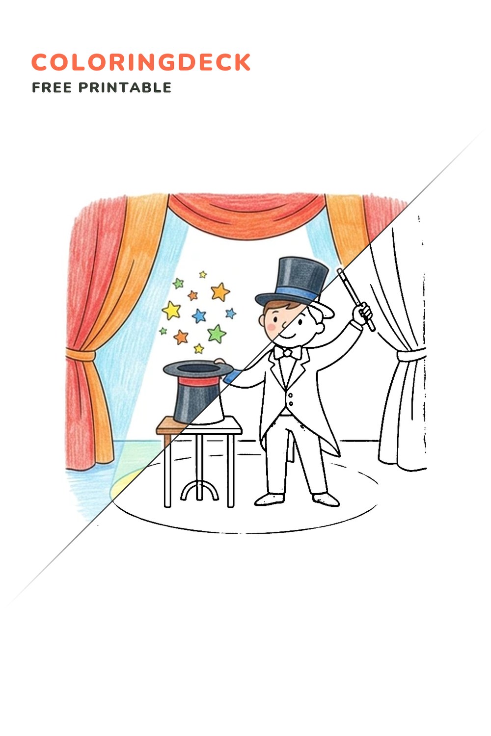 Stage Magician Trick coloring page, free printable: half colored, half outline