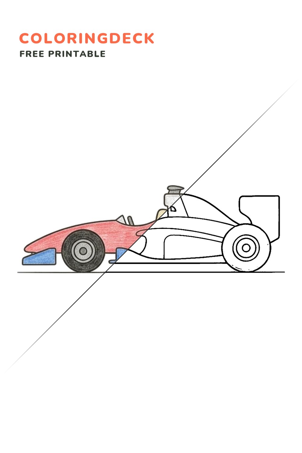 F1 Side Profile coloring page, free printable: half colored, half outline