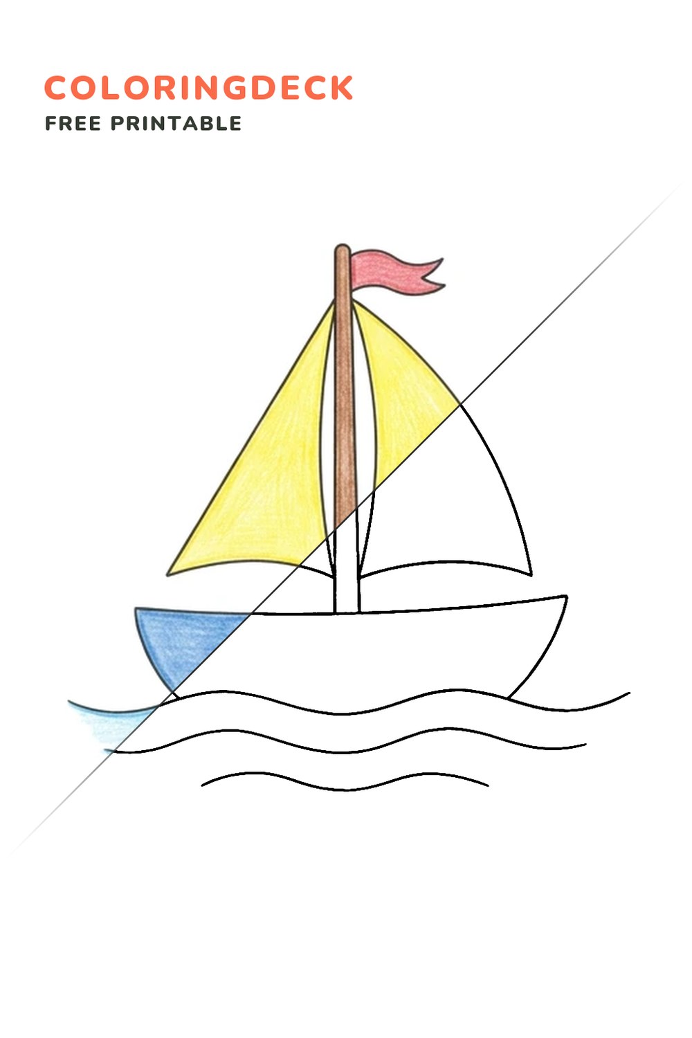 Sailboat Breeze coloring page, free printable: half colored, half outline