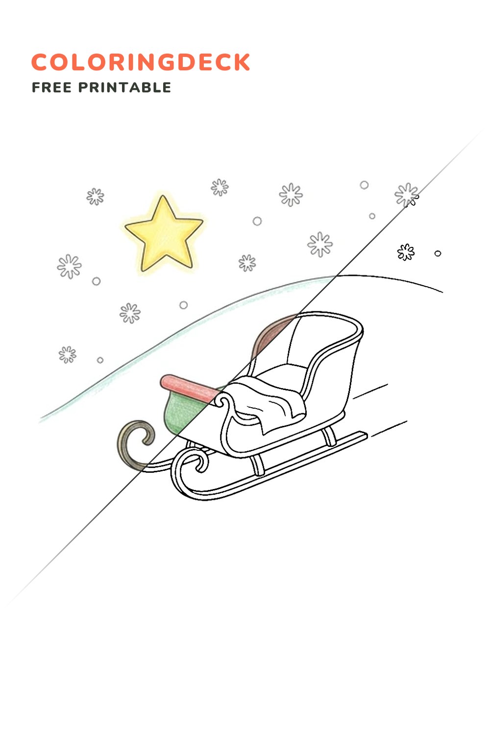 Sleigh Under Stars coloring page, free printable: half colored, half outline