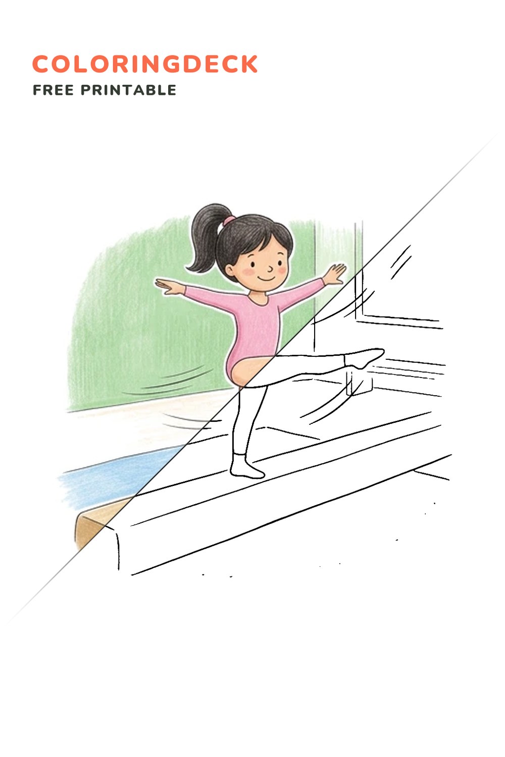 Balance Beam Star coloring page, free printable: half colored, half outline