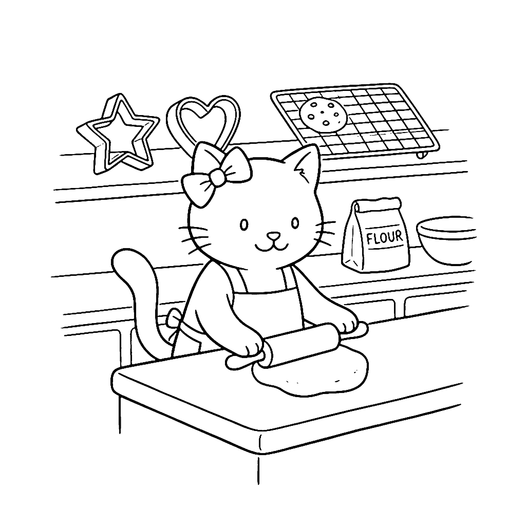 Bow Kitten Bakery coloring page outline