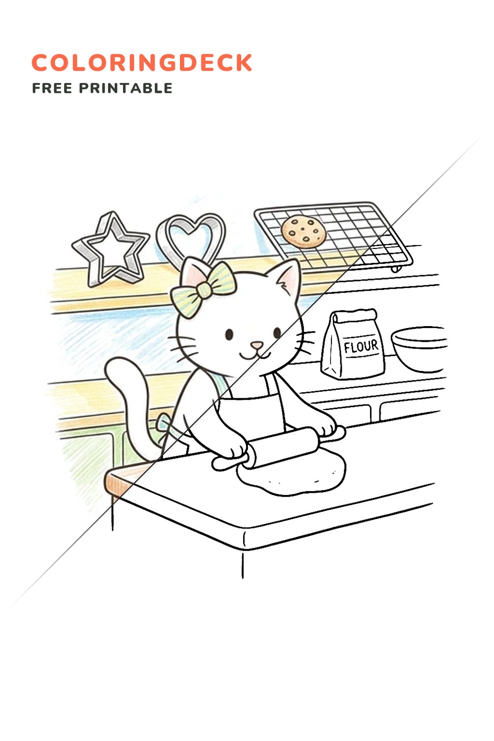 Bow Kitten Bakery coloring page, free printable: half colored, half outline