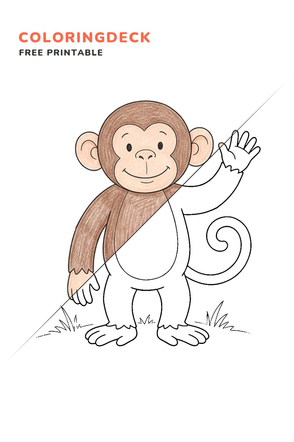 Monkey Waving coloring page, free printable: half colored, half outline