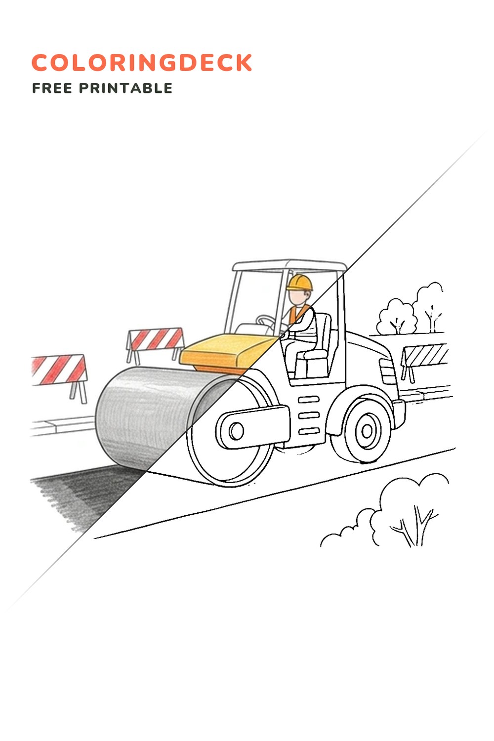 Road Roller Finish coloring page, free printable: half colored, half outline