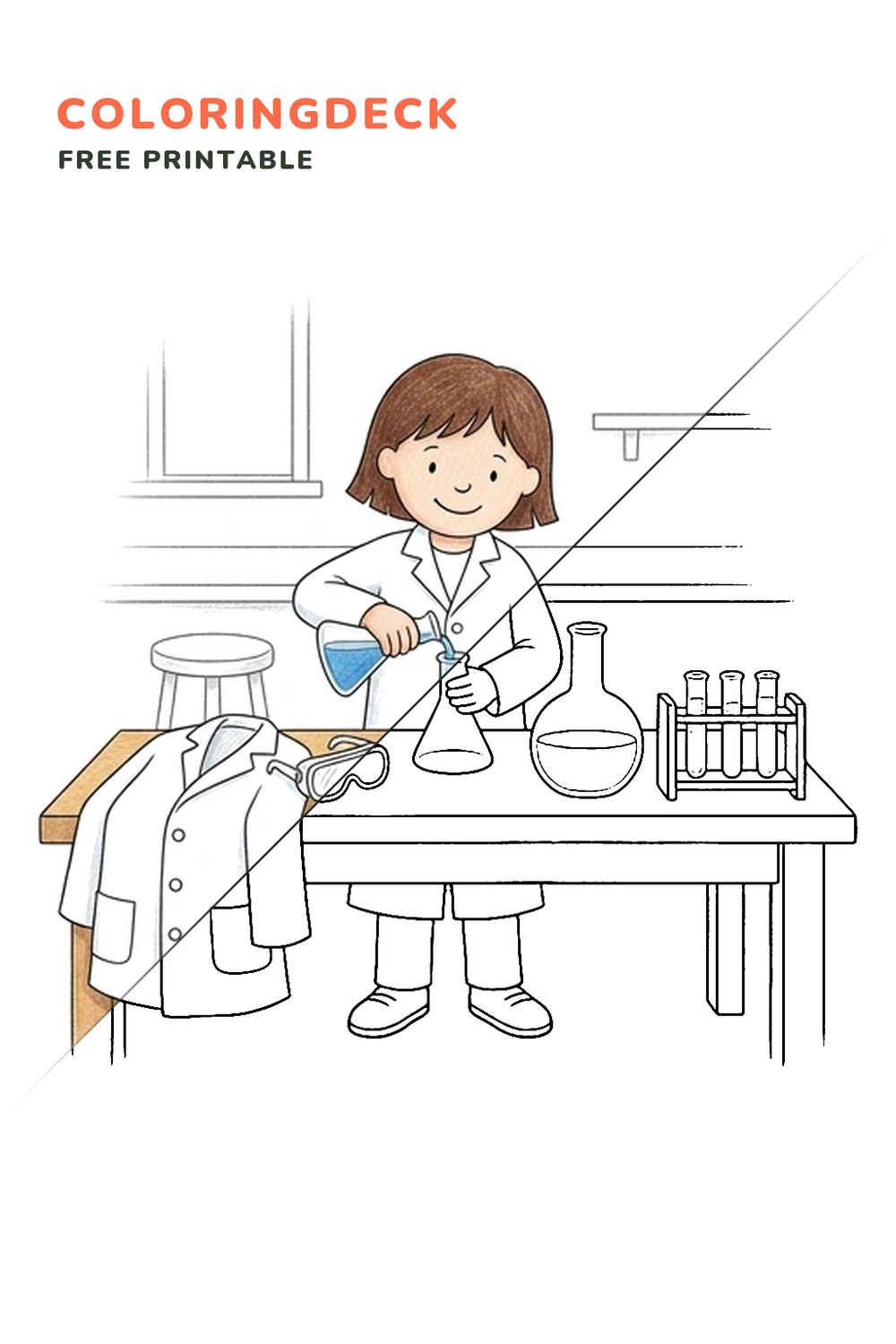 Chemist Lab Experiment coloring page, free printable: half colored, half outline