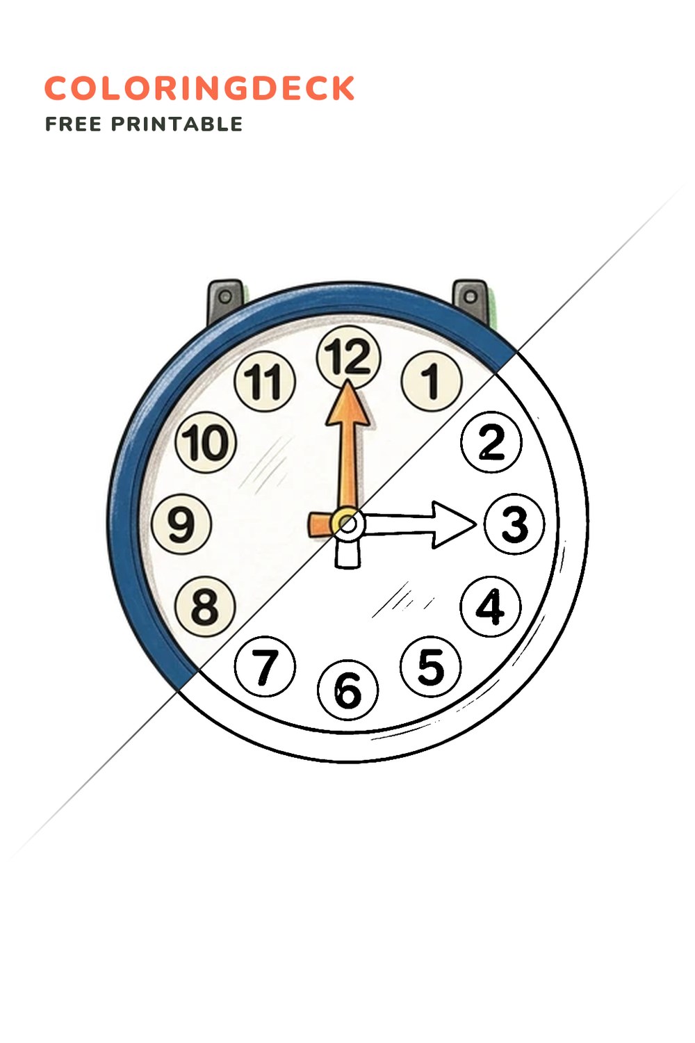 Number Clock Face coloring page, free printable: half colored, half outline
