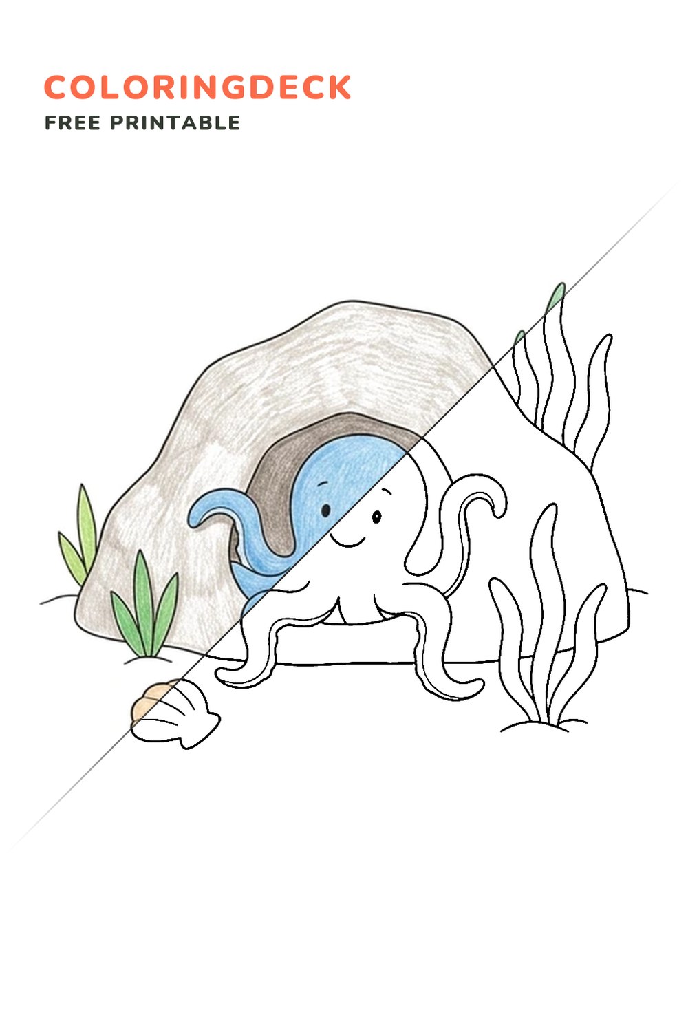 Octopus Rocky Den coloring page, free printable: half colored, half outline
