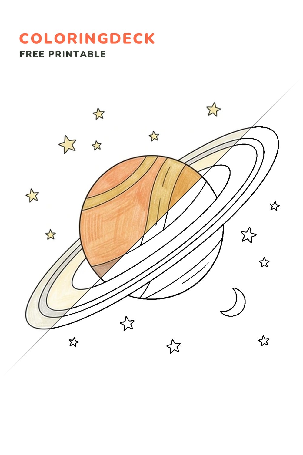 Saturn Rings View coloring page, free printable: half colored, half outline