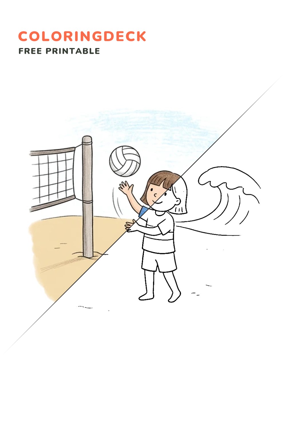 Volleyball Beach Serve coloring page, free printable: half colored, half outline