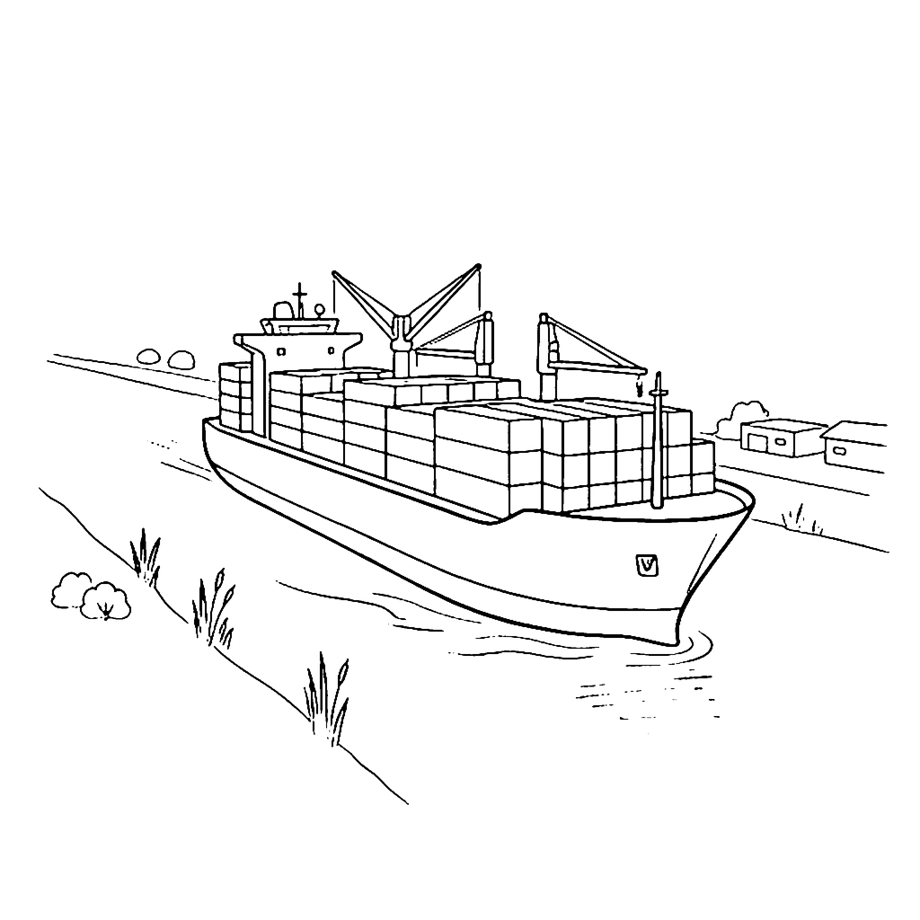 Container Ship Canal coloring page outline