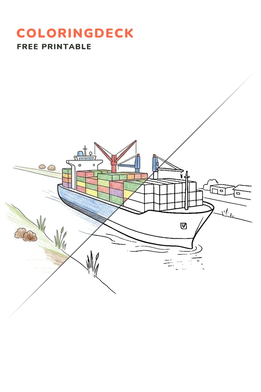 Container Ship Canal coloring page, free printable: half colored, half outline