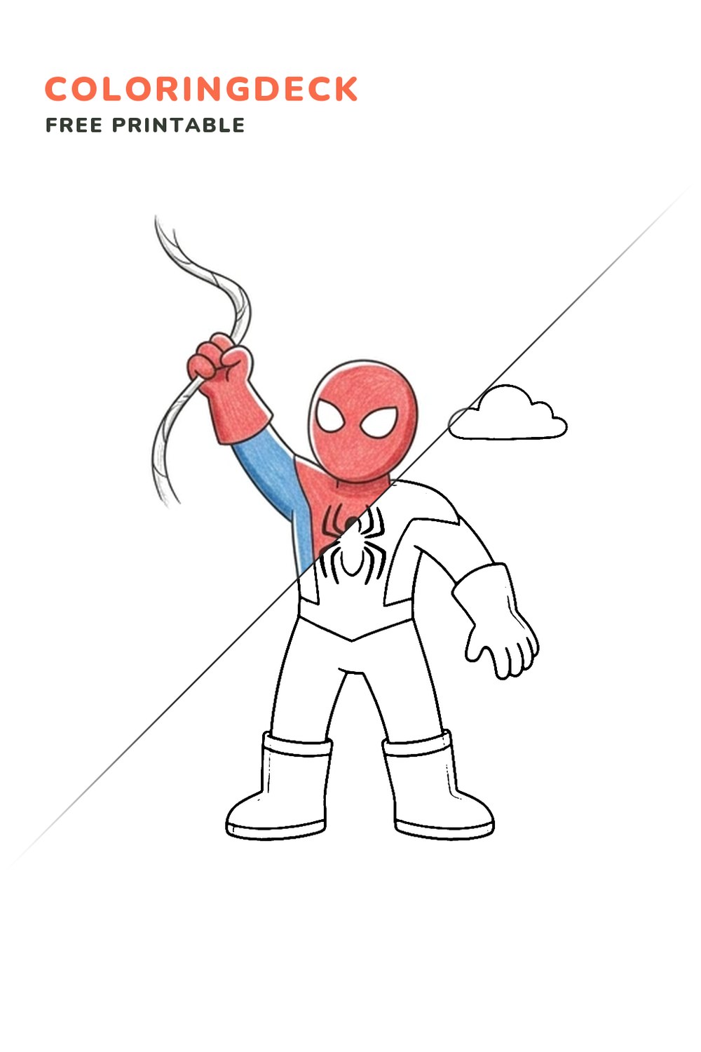 Spider Hero Web Toss coloring page, free printable: half colored, half outline