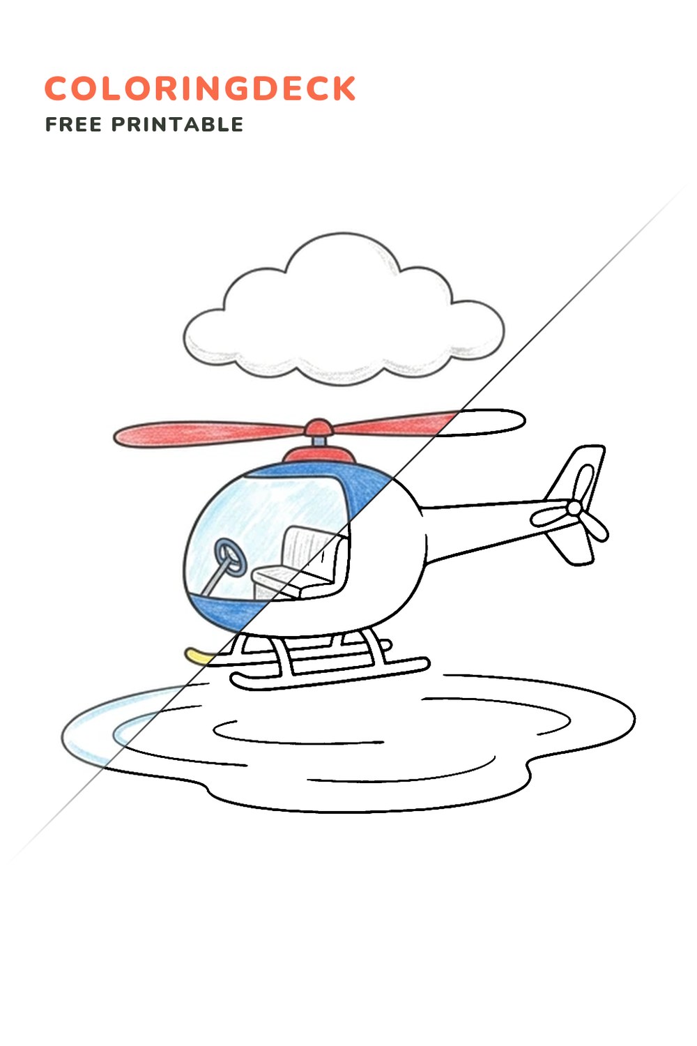 Helicopter Over Pond coloring page, free printable: half colored, half outline