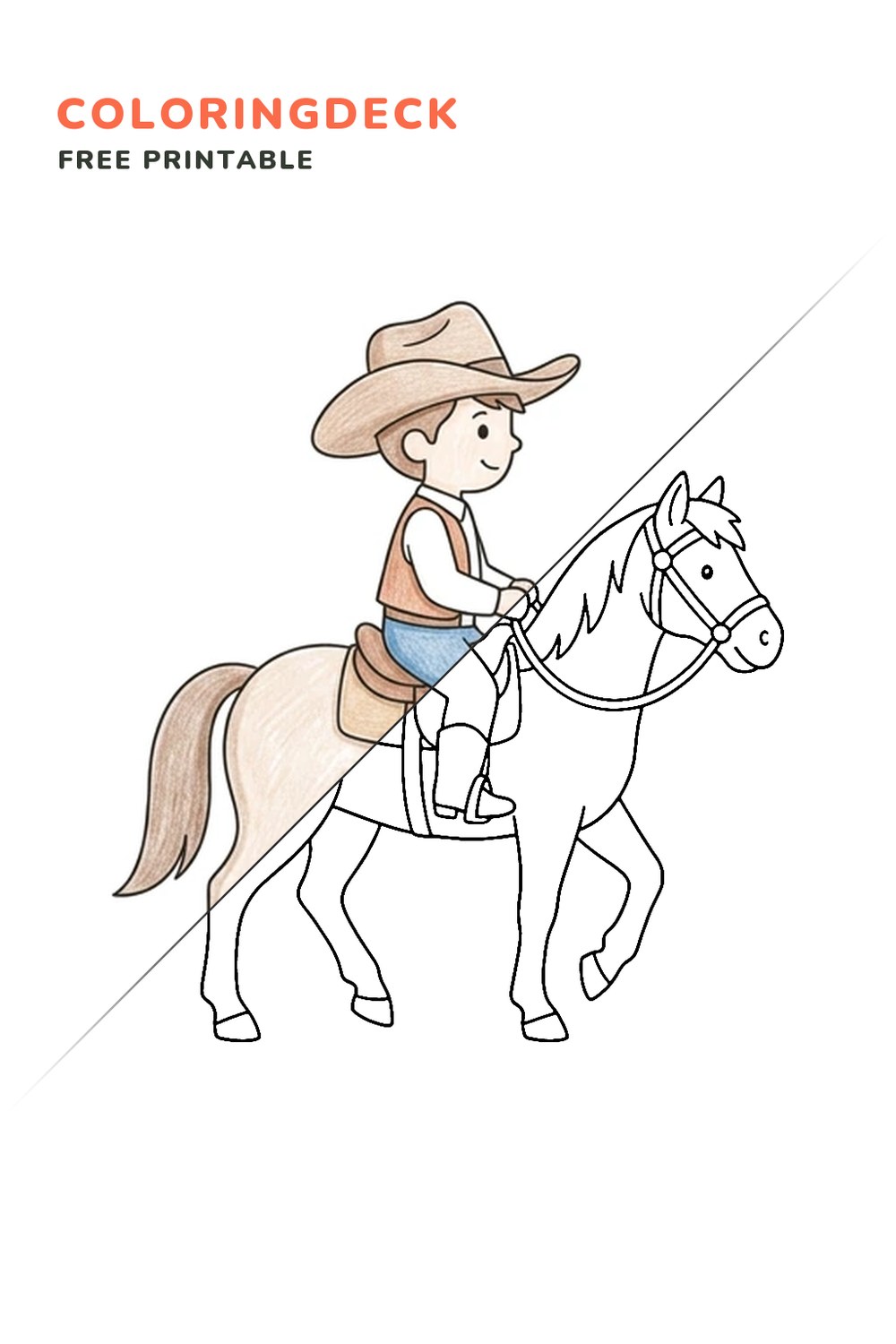 Cowboy On Horse coloring page, free printable: half colored, half outline