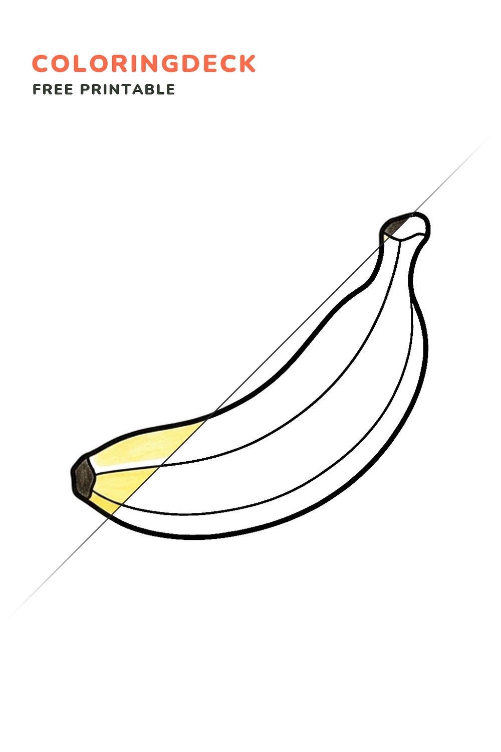 Curved Yellow Banana coloring page, free printable: half colored, half outline