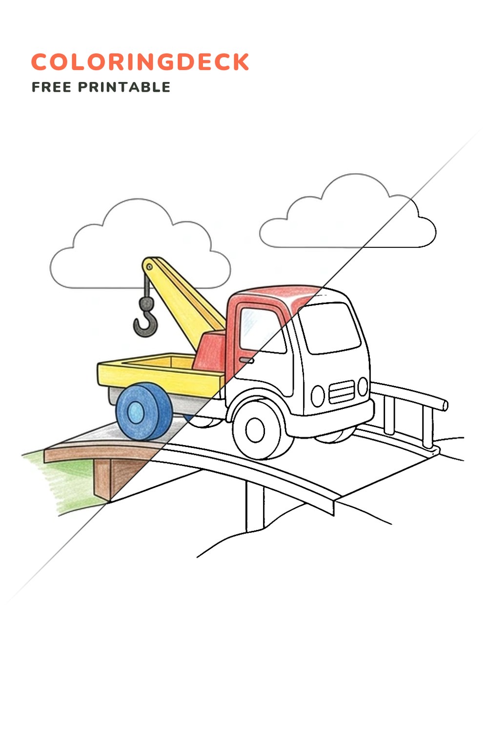 Tow Truck Bridge coloring page, free printable: half colored, half outline