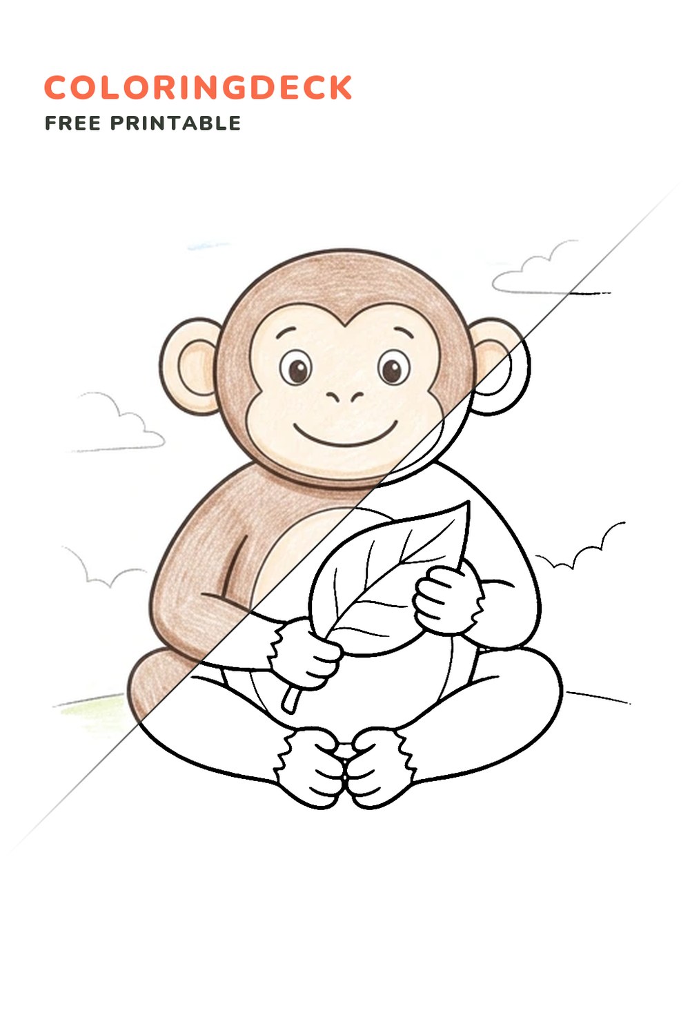Monkey Leaf Snack coloring page, free printable: half colored, half outline