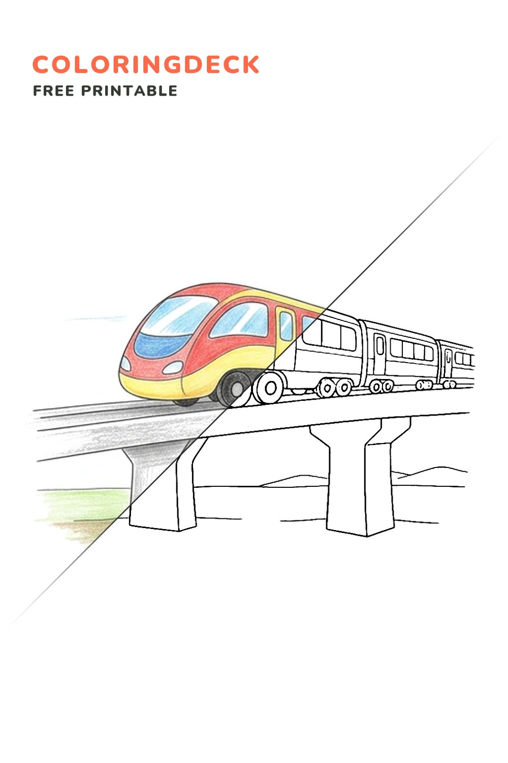 Train Crossing Bridge coloring page, free printable: half colored, half outline