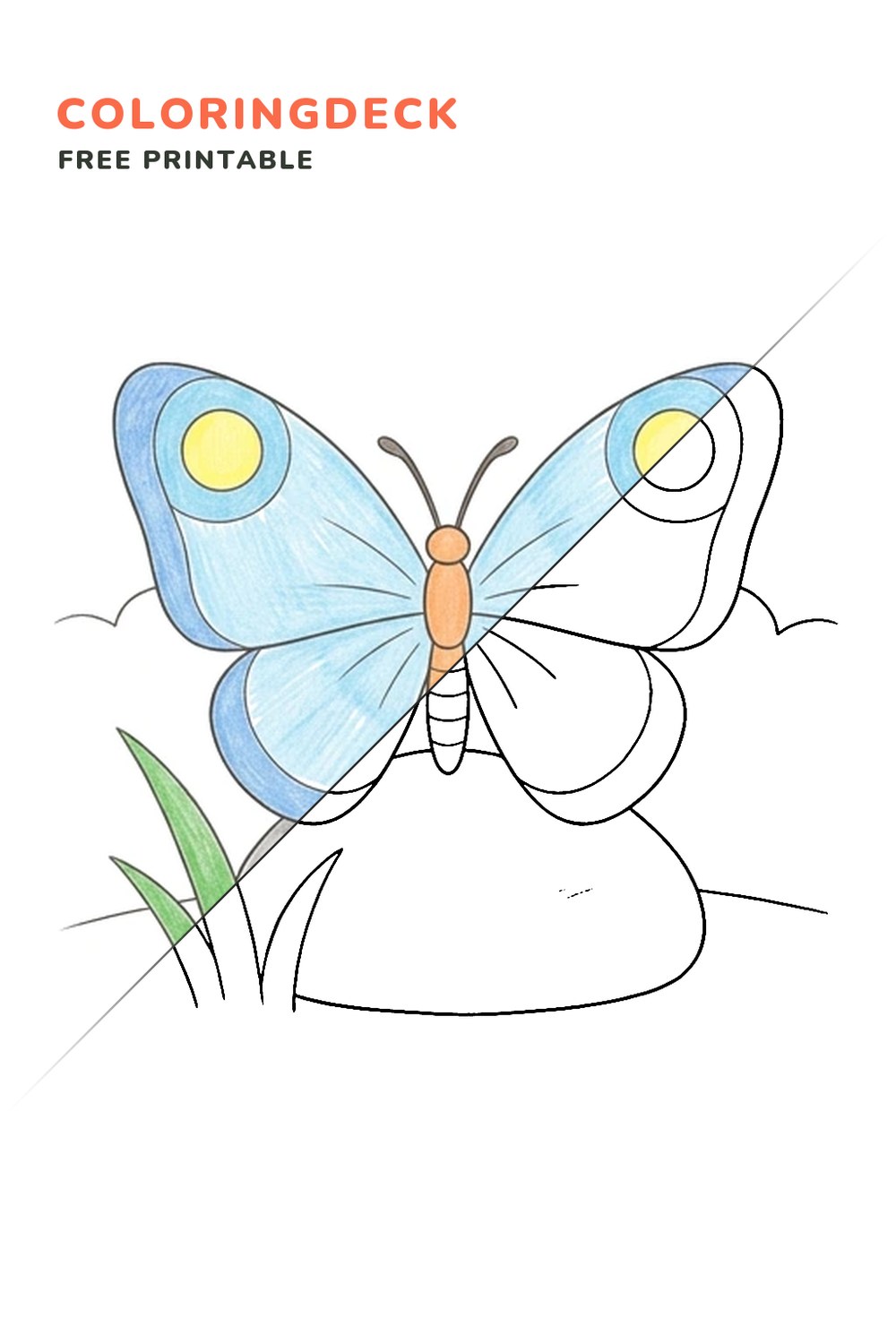 Butterfly Garden Stone coloring page, free printable: half colored, half outline