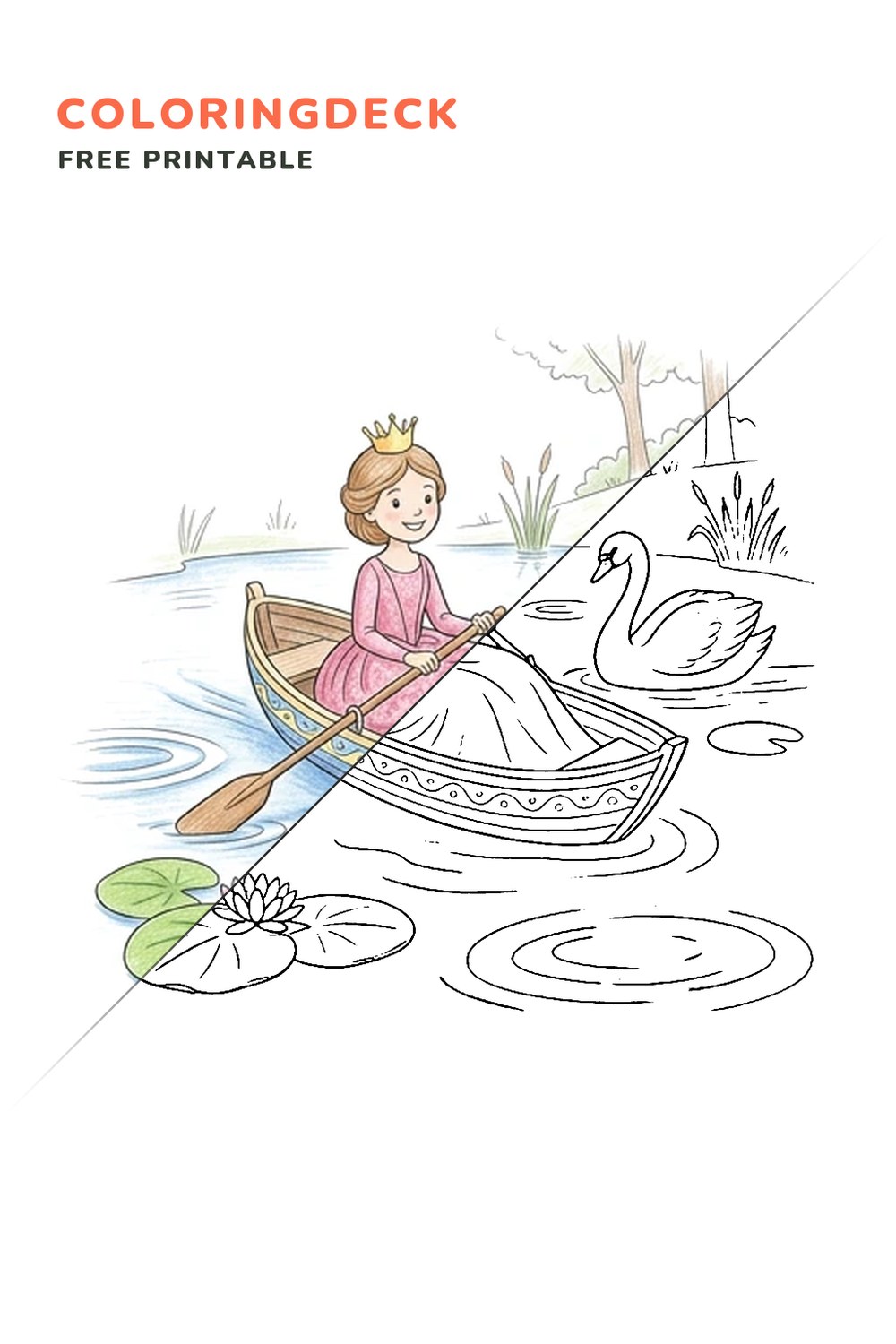 Princess Swan Boat coloring page, free printable: half colored, half outline